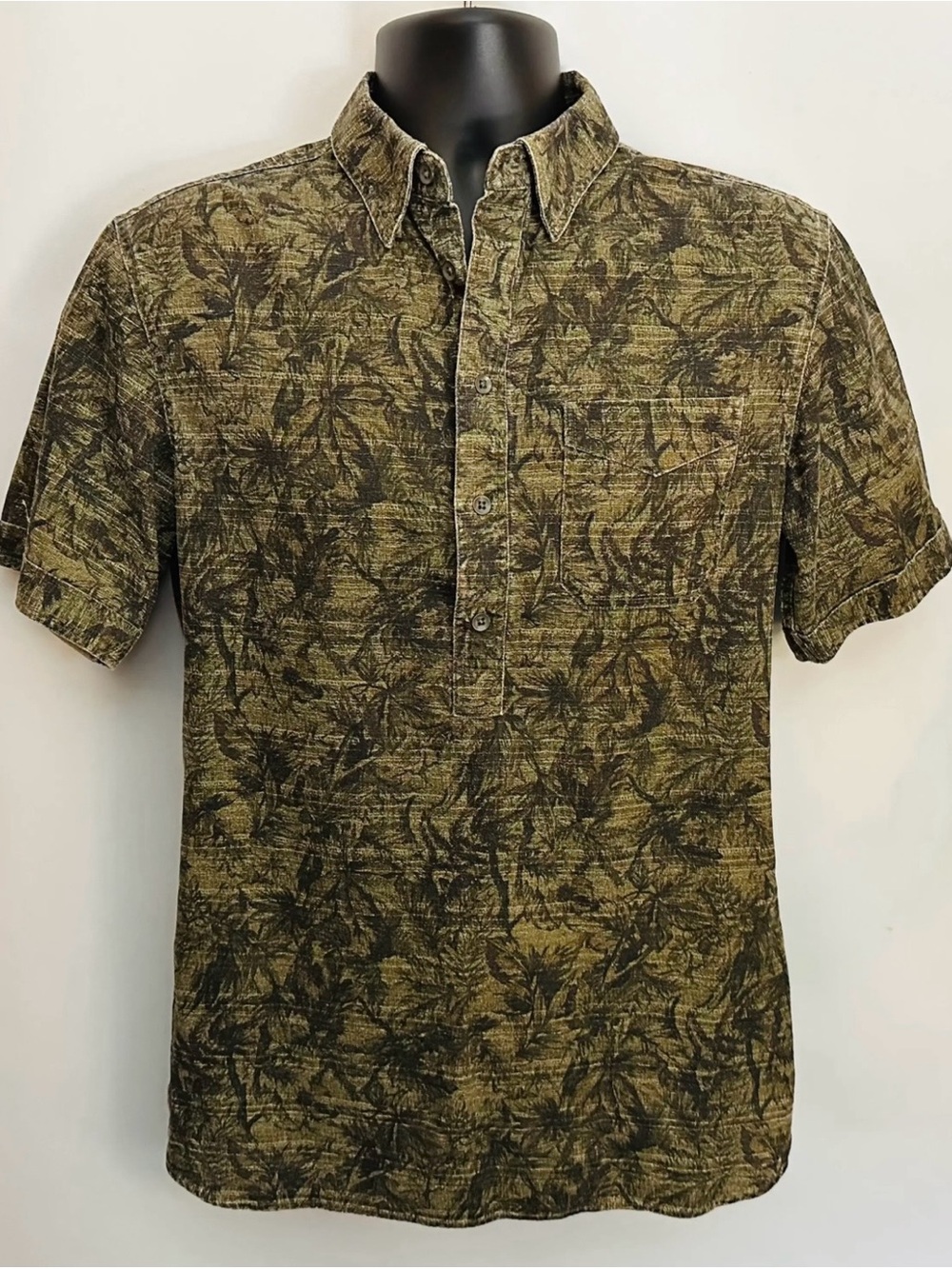 All Saints Olive Green & Black Printed Short Sleeve Polo